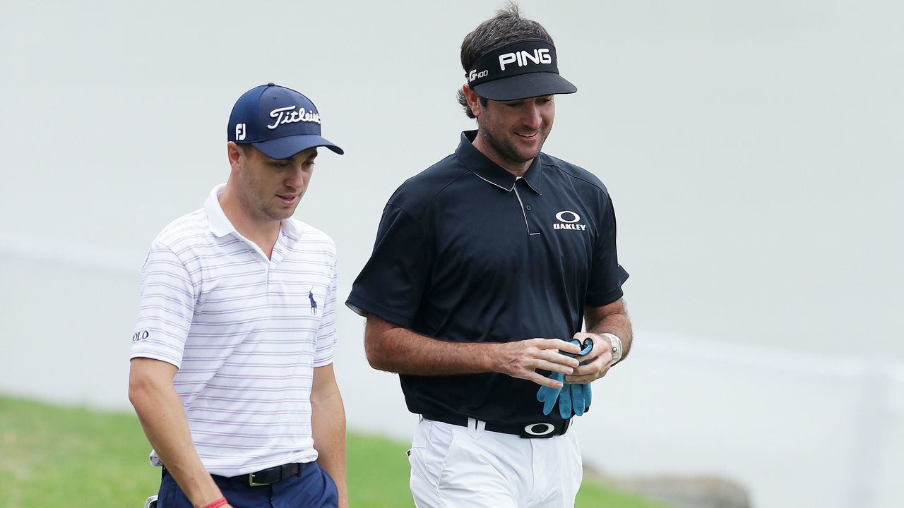 AUSTIN, TX - MARCH 25: Justin Thomas of the United States and Bubba Watson of the United States walk on the first hole during the semifinal round of the World Golf Championships-Dell Match Play at Austin Country Club on March 25, 2018 in Austin, Texas.