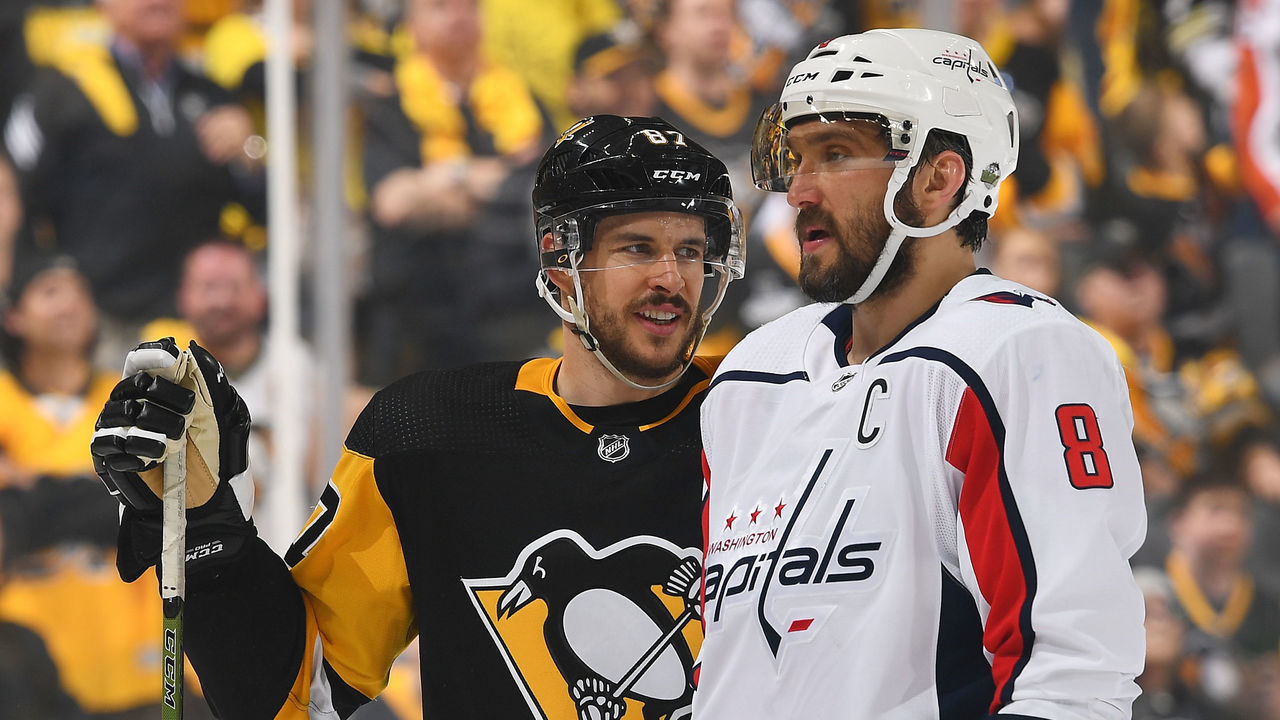 PITTSBURGH, PA - MAY 01: Sidney Crosby #87 of the Pittsburgh Penguins looks on alongside Alex Ovechkin #8 of the Washington Capitals in Game Three of the Eastern Conference Second Round during the 2018 NHL Stanley Cup Playoffs at PPG Paints Arena on May 1, 2018 in Pittsburgh, Pennsylvania. *** Local Caption ***