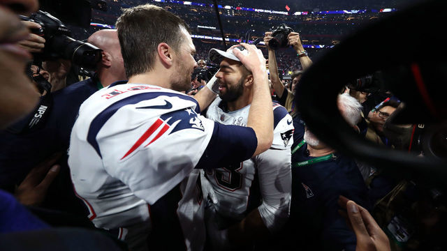 ATLANTA, GEORGIA - FEBRUARY 03: Tom Brady #12 of the New England Patriots celebrates with Kyle Van Noy #53 after their teams 13-3 win over the Los Angeles Rams in Super Bowl LIII at Mercedes-Benz Stadium on February 03, 2019 in Atlanta, Georgia.