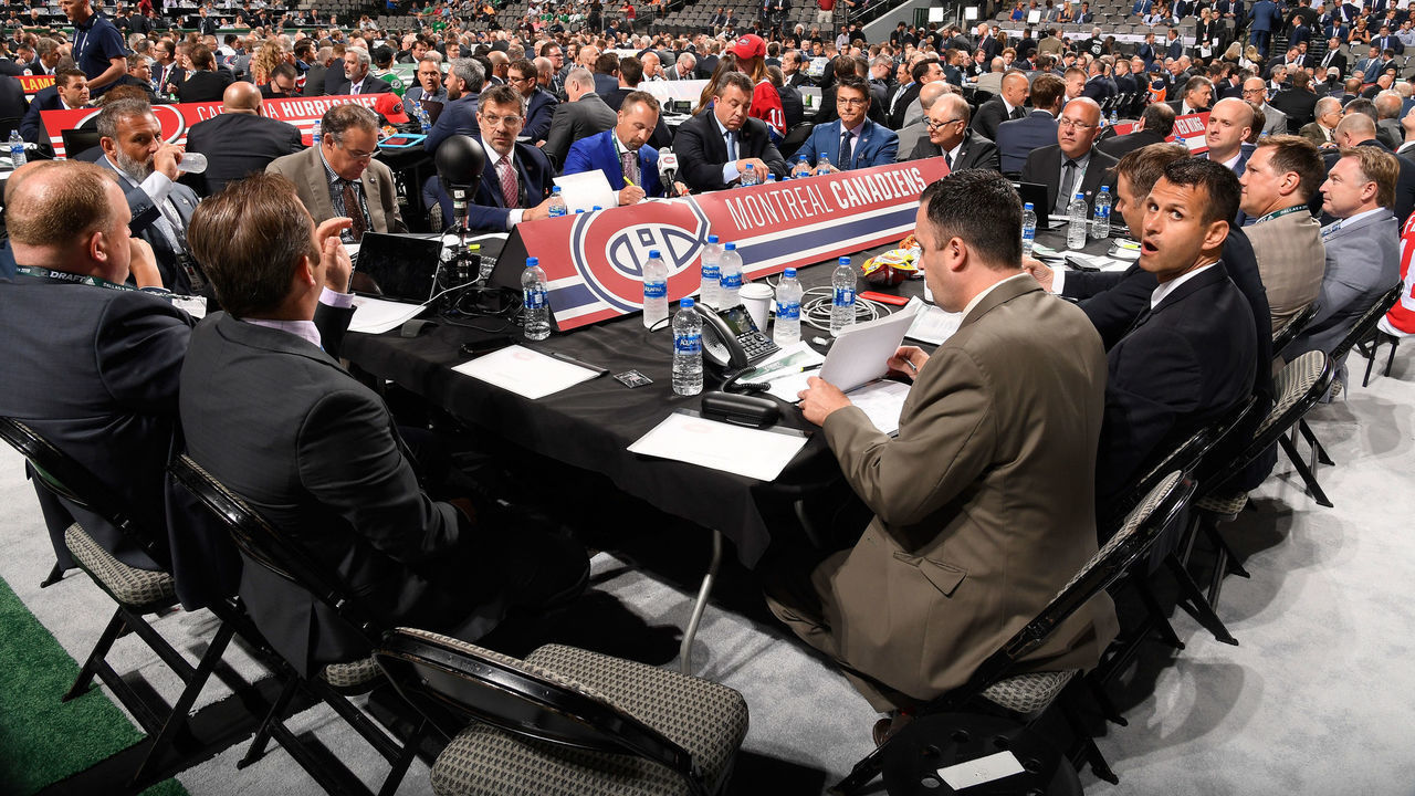 DALLAS, TX - JUNE 22: A general view of the Montreal Canadiens draft table is seen during the first round of the 2018 NHL Draft at American Airlines Center on June 22, 2018 in Dallas, Texas.