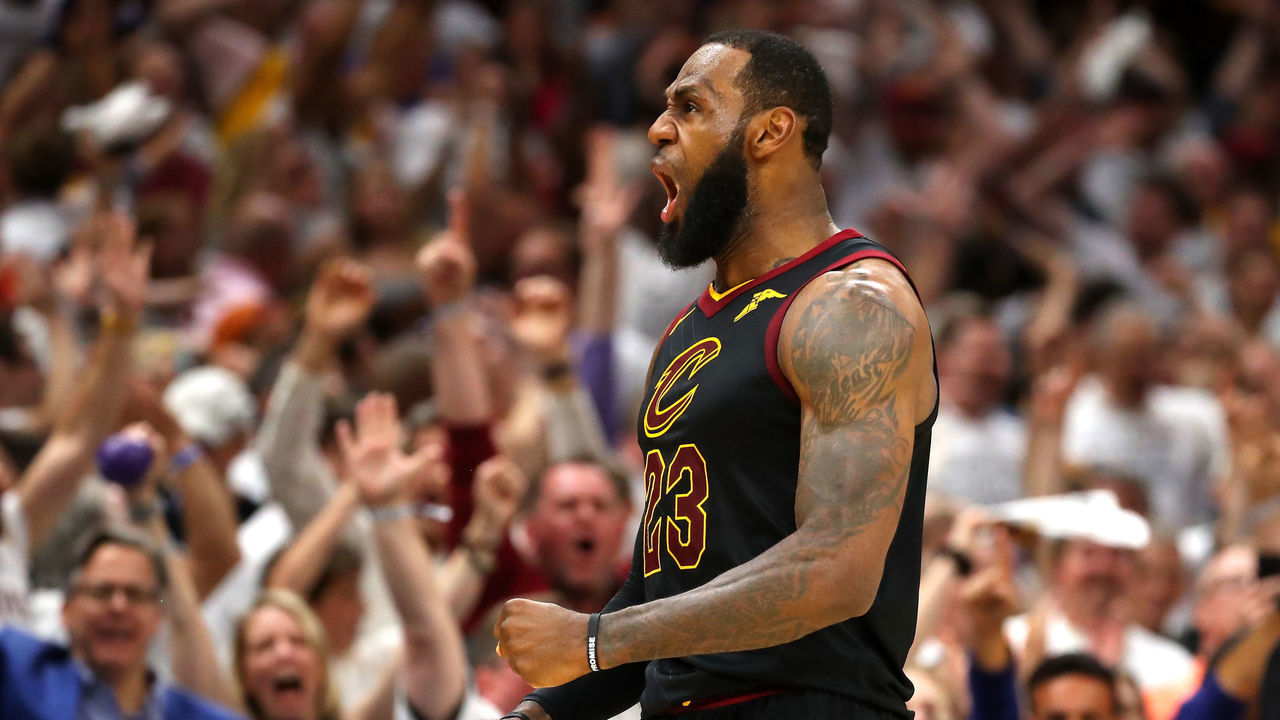 CLEVELAND, OH - MAY 25: LeBron James of the Cleveland Cavaliers reacts after a basket in the fourth quarter against the Boston Celtics during Game Six of the 2018 NBA Eastern Conference Finals at Quicken Loans Arena on May 25, 2018 in Cleveland, Ohio.