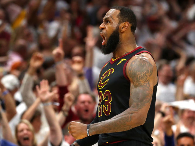 CLEVELAND, OH - MAY 25: LeBron James of the Cleveland Cavaliers reacts after a basket in the fourth quarter against the Boston Celtics during Game Six of the 2018 NBA Eastern Conference Finals at Quicken Loans Arena on May 25, 2018 in Cleveland, Ohio.