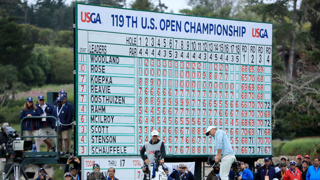 PEBBLE BEACH, CALIFORNIA - JUNE 16: Brooks Koepka of the United States plays his third shot on the par 5, 18th hole during the final round of the 2019 U.S.Open Championship at the Pebble Beach Golf Links on June 16, 2019 in Pebble Beach, California.