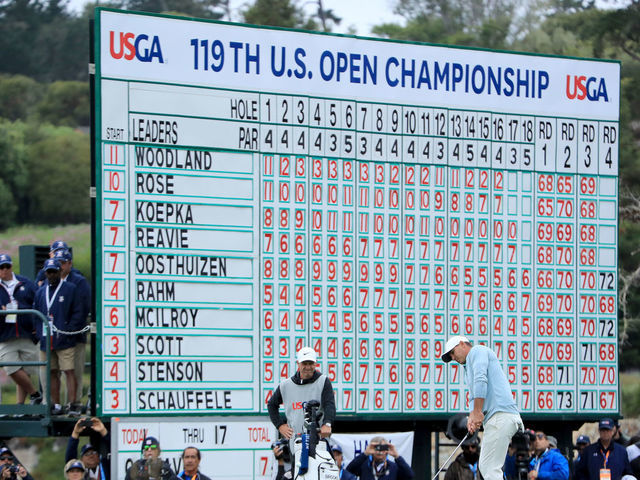 PEBBLE BEACH, CALIFORNIA - JUNE 16: Brooks Koepka of the United States plays his third shot on the par 5, 18th hole during the final round of the 2019 U.S.Open Championship at the Pebble Beach Golf Links on June 16, 2019 in Pebble Beach, California.