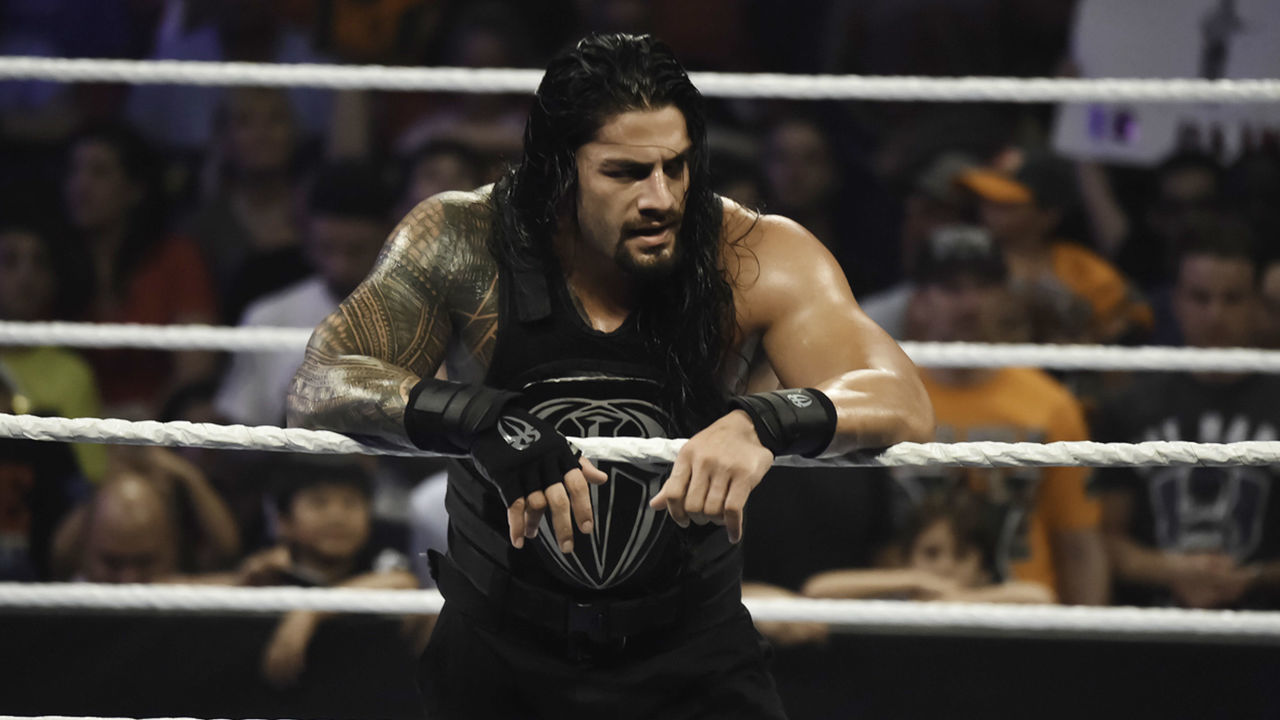 MIAMI, FL- SEPTEMBER 01: Roman Reigns looks on during the WWE Smackdown on September 1, 2015 at the American Airlines Arena in Miami, Florida.