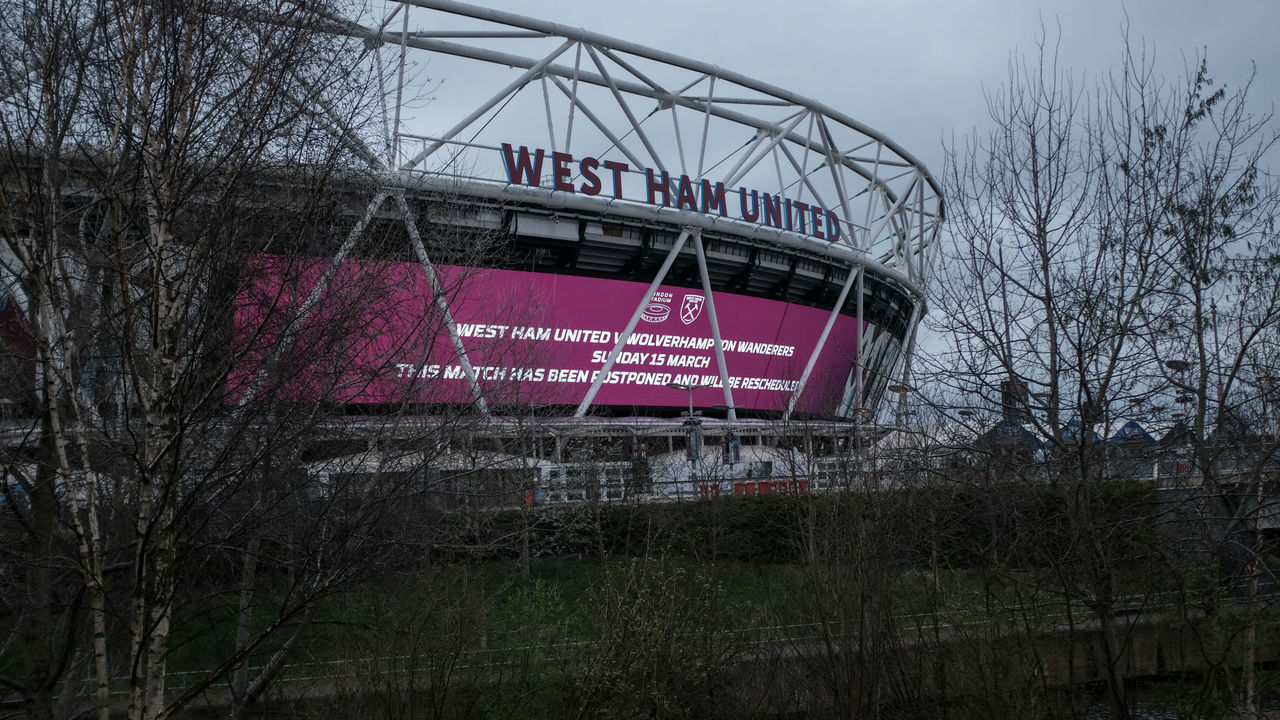 General view outside London Stadium, home of West Ham United, as all Football league matches are postponed until April 3rd due to the Coronavirus Covid-19 pandemic at The Den on March 15, 2020 in London, England.