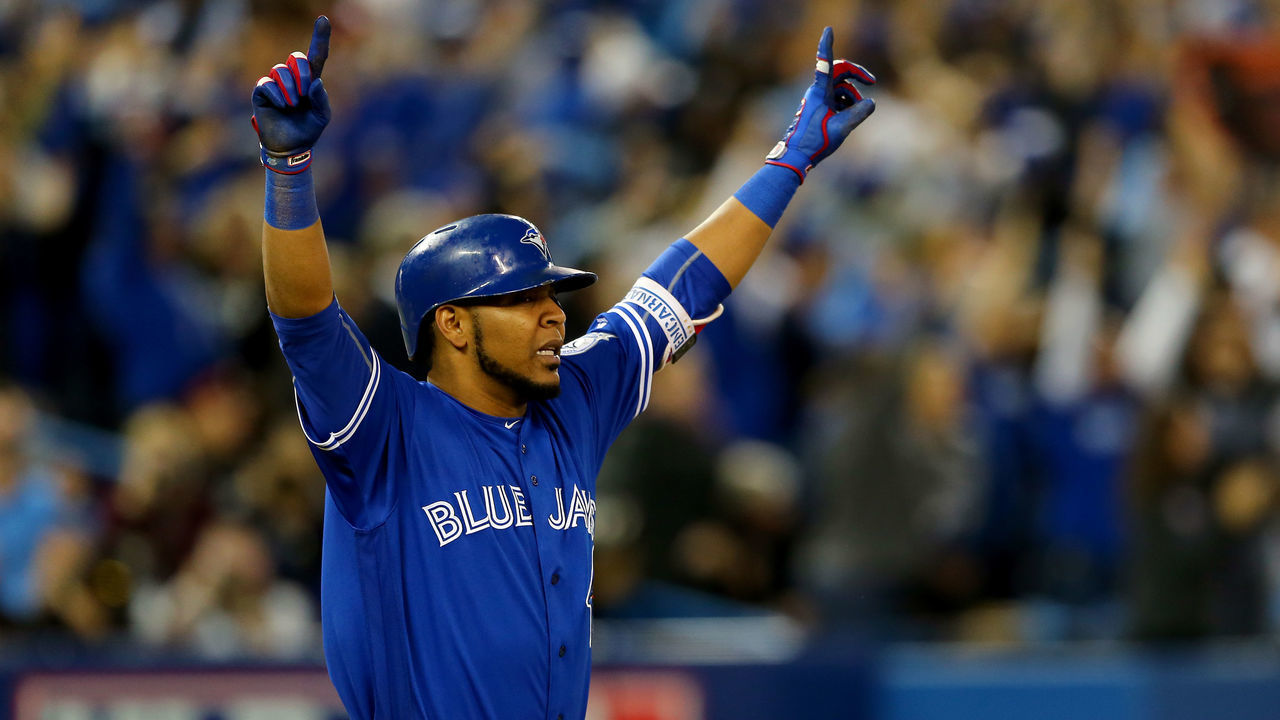 TORONTO, ONTARIO - OCTOBER 4: Edwin Encarnacion #10 of the Toronto Blue Jays reacts after hitting a three-run walk-off home run to defeat the Baltimore Orioles and win the American League Wild Card Game at the Rogers Centre on Tuesday, October 4, 2016 in Toronto, Ontario.