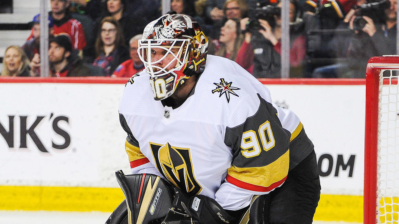 CALGARY, AB - MARCH 8: Robin Lehner #90 of the Vegas Golden Knights in action against the Calgary Flames during an NHL game at Scotiabank Saddledome on March 8, 2020 in Calgary, Alberta, Canada.