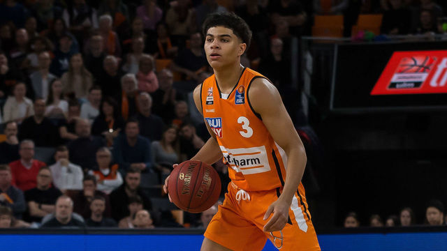 ULM, GERMANY - MARCH 08: (BILD ZEITUNG OUT) Killian Hayes of Ratiopharm Ulm controls the Ball during the EasyCredit Basketball Bundesliga (BBL) match between Ratiopharm Ulm and MHP Riesen Ludwigsburg at ratiopharm Arena on March 8, 2020 in Ulm, Germany.