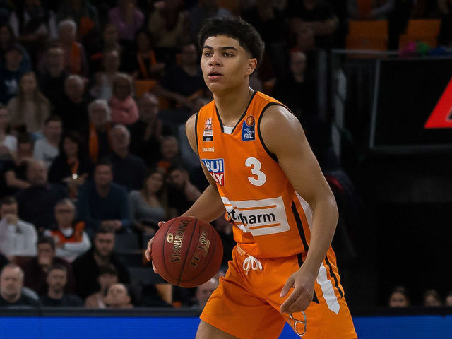 ULM, GERMANY - MARCH 08: (BILD ZEITUNG OUT) Killian Hayes of Ratiopharm Ulm controls the Ball during the EasyCredit Basketball Bundesliga (BBL) match between Ratiopharm Ulm and MHP Riesen Ludwigsburg at ratiopharm Arena on March 8, 2020 in Ulm, Germany.