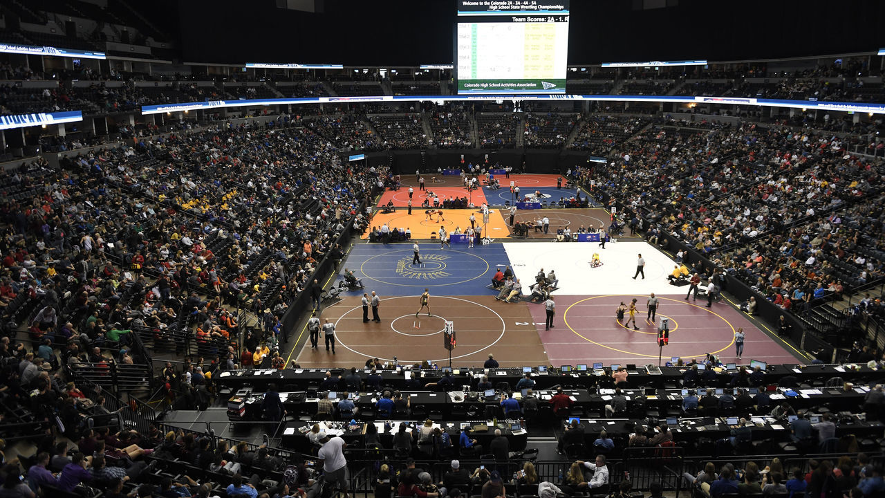 DENVER, CO FEBRUARY 18: 10 mats busy during the last day of the Colorado high school state wrestling tournament at the Pepsi Center. February 18, 2017 Denver, CO.