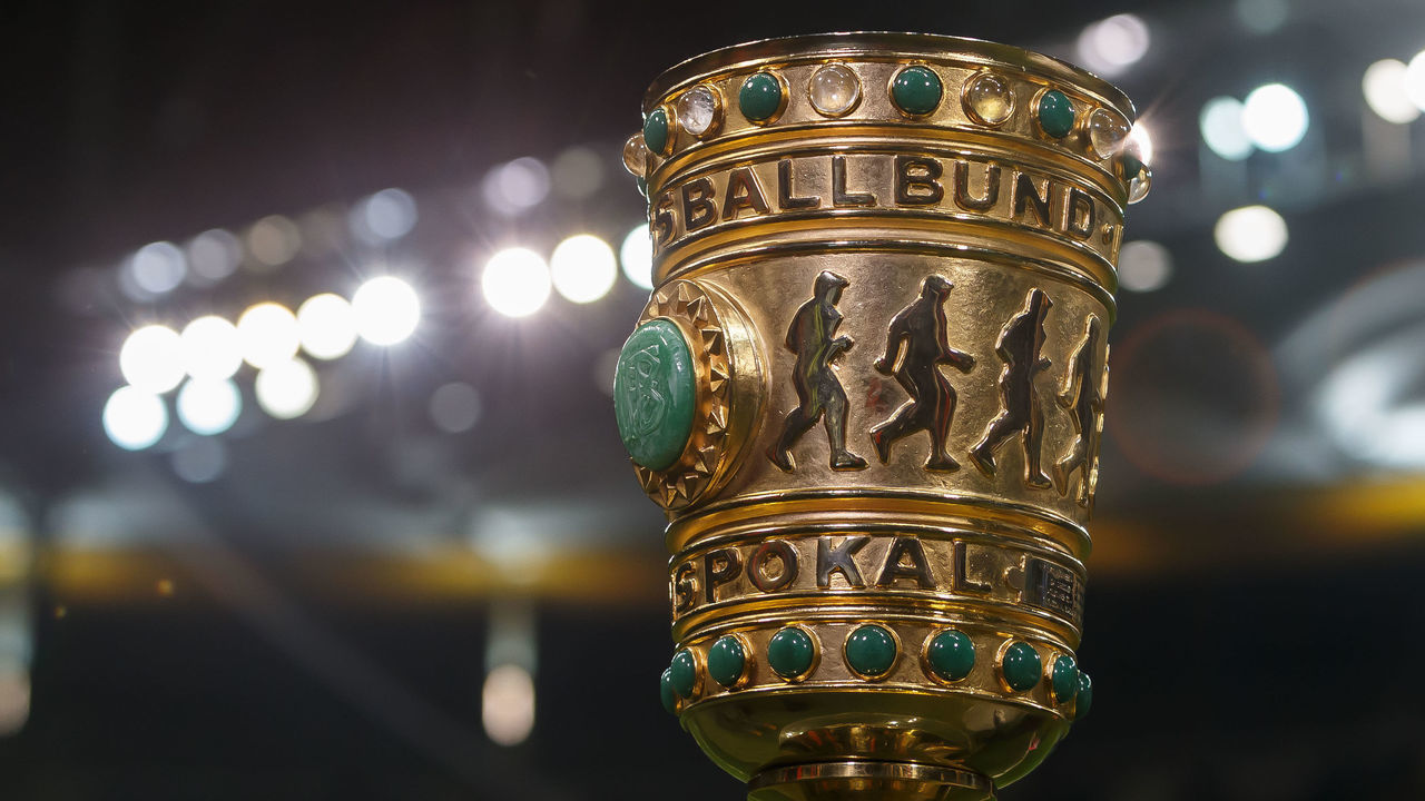 FRANKFURT AM MAIN, GERMANY - MARCH 04: (BILD ZEITUNG OUT) The DFB-Pokal trophy is displayed prior to the DFB Cup quarterfinal match between Eintracht Frankfurt and Werder Bremen at Commerzbank Arena on March 4, 2020 in Frankfurt am Main, Germany.