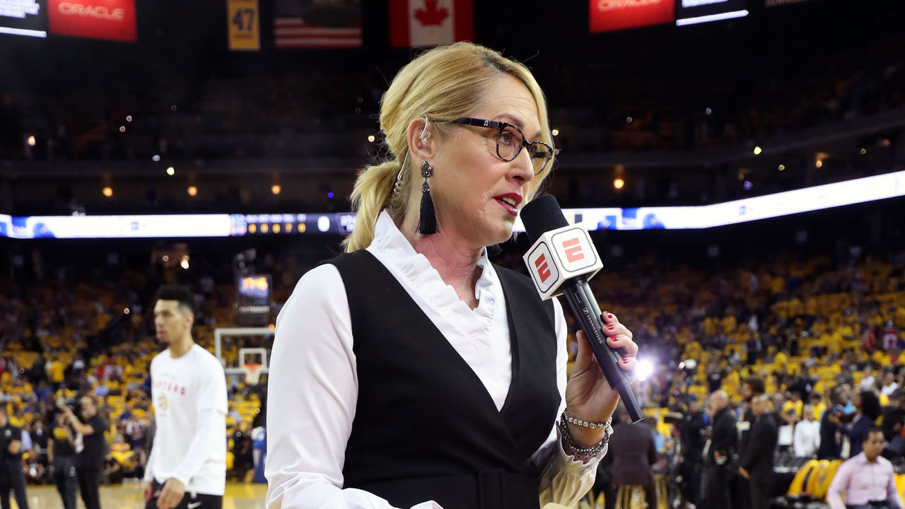 OAKLAND, CA - JUNE 5: Doris Burke provides commentary before Game Three of the NBA Finals between the Toronto Raptors and the Golden State Warriors on June 5, 2019 at ORACLE Arena in Oakland, California. NOTE TO USER: User expressly acknowledges and agrees that, by downloading and/or using this photograph, user is consenting to the terms and conditions of Getty Images License Agreement. Mandatory Copyright Notice: Copyright 2019 NBAE