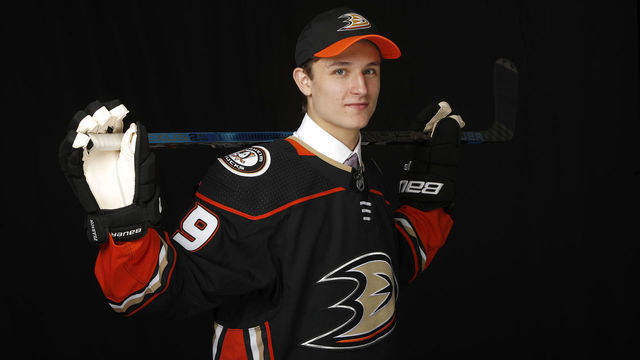 VANCOUVER, BRITISH COLUMBIA - JUNE 21: Trevor Zegras poses for a portrait after being selected ninth overall by the Anaheim Ducks during the first round of the 2019 NHL Draft at Rogers Arena on June 21, 2019 in Vancouver, Canada.