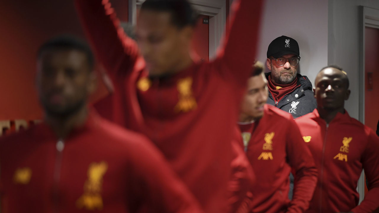 LIVERPOOL, ENGLAND - MARCH 11: Liverpool manager Jurgen Klopp looks on in the tunnel as the teams line up before the UEFA Champions League round of 16 second leg match between Liverpool FC and Atletico Madrid at Anfield on March 11, 2020 in Liverpool, United Kingdom.