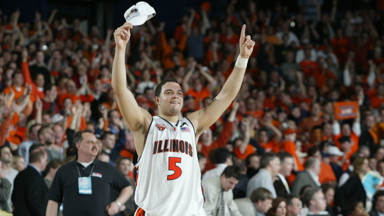 Mar 26, 2005; Chicago, IL, USA; College Basketball. Illinois Deron Williams, celebration against Arizona during the Regional finals of the NCAA tournament in Chicago, Ill. on March 26, 2005. Illinois won 90-89 in overtime.