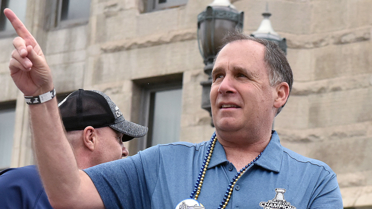ST. LOUIS, MO - JUN 15: Longtime St. Louis Blues broadcaster John Kelly, jr.during the St. Louis Blues victory parade held on June 15, 2019, in downtown, St. Louis, Mo.