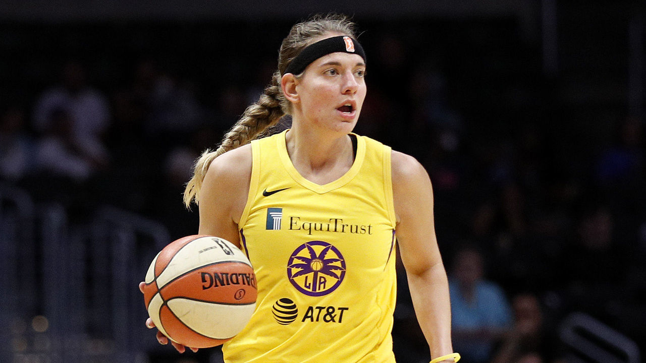 LOS ANGELES, CALIFORNIA - SEPTEMBER 05: Guard Sydney Wiese #24 of the Los Angeles Sparks handles the ball in the game against the Seattle Storm at Staples Center on September 05, 2019 in Los Angeles, California.