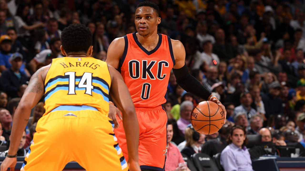 DENVER, CO - APRIL 9: Russell Westbrook #0 of the Oklahoma City Thunder dribbles the ball up court against the Denver Nuggets on April 9, 2017 at the Pepsi Center in Denver, Colorado. NOTE TO USER: User expressly acknowledges and agrees that, by downloading and/or using this Photograph, user is consenting to the terms and conditions of the Getty Images License Agreement. Mandatory Copyright Notice: Copyright 2017 NBAE