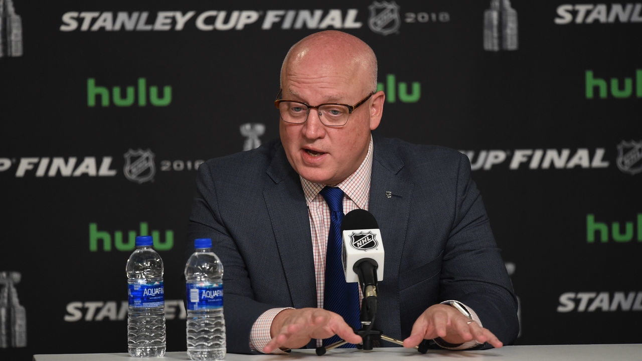 LAS VEGAS, NV - MAY 28: NHL deputy commissioner Bill Daly speaks during a press conference prior to game 1 of the Stanley Cup Final between the Washington Capitals and the Las Vegas Golden Knights on May 28, 2018 at T-Mobile Arena in Las Vegas, NV.