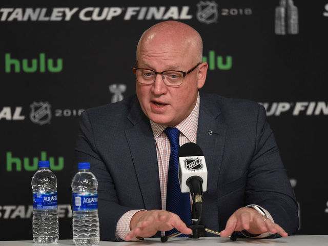 LAS VEGAS, NV - MAY 28: NHL deputy commissioner Bill Daly speaks during a press conference prior to game 1 of the Stanley Cup Final between the Washington Capitals and the Las Vegas Golden Knights on May 28, 2018 at T-Mobile Arena in Las Vegas, NV.