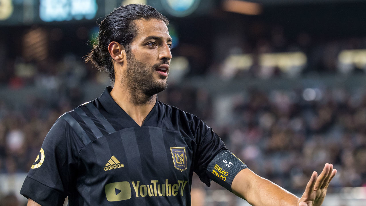 LOS ANGELES, CA - MARCH 8: Carlos Vela #10 of Los Angeles FC gestures during the MLS match against Philadelphia Union at the Banc of California Stadium on March 8, 2020 in Los Angeles, California. The match ended in a 3-3 draw.