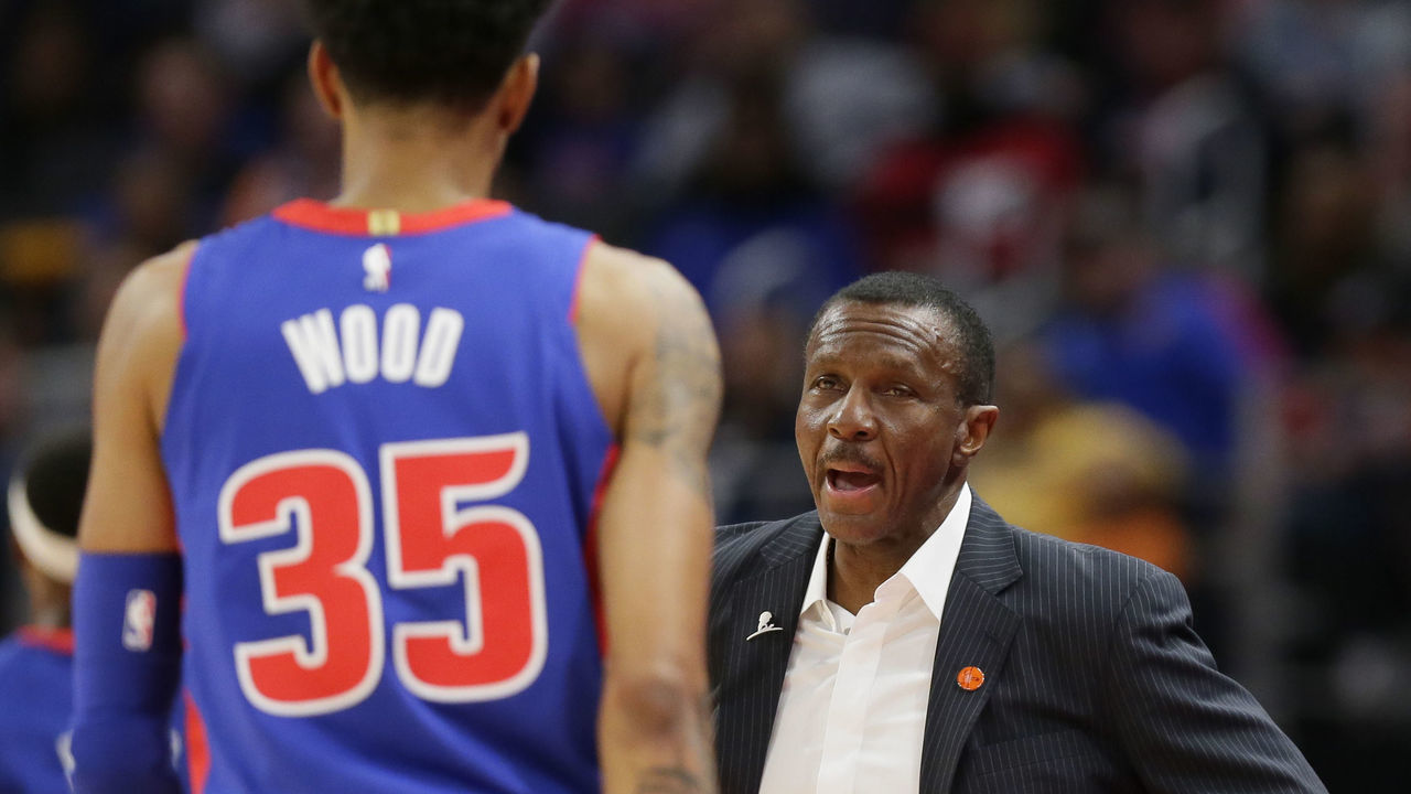 DETROIT, MI - JANUARY 25: Dwane Casey of the Detroit Pistons talks to Christian Wood #35 of the Detroit Pistons during the first half of a game against the Brooklyn Nets at Little Caesars Arena on January 25, 2020, in Detroit, Michigan.