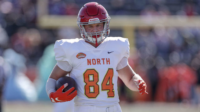 MOBILE, AL - JANUARY 25: Tight End Adam Trautman #84 from Dayton of the North Team warms up before the start of the 2020 Resse's Senior Bowl at Ladd-Peebles Stadium on January 25, 2020 in Mobile, Alabama. The Noth Team defeated the South Team 34 to 17.