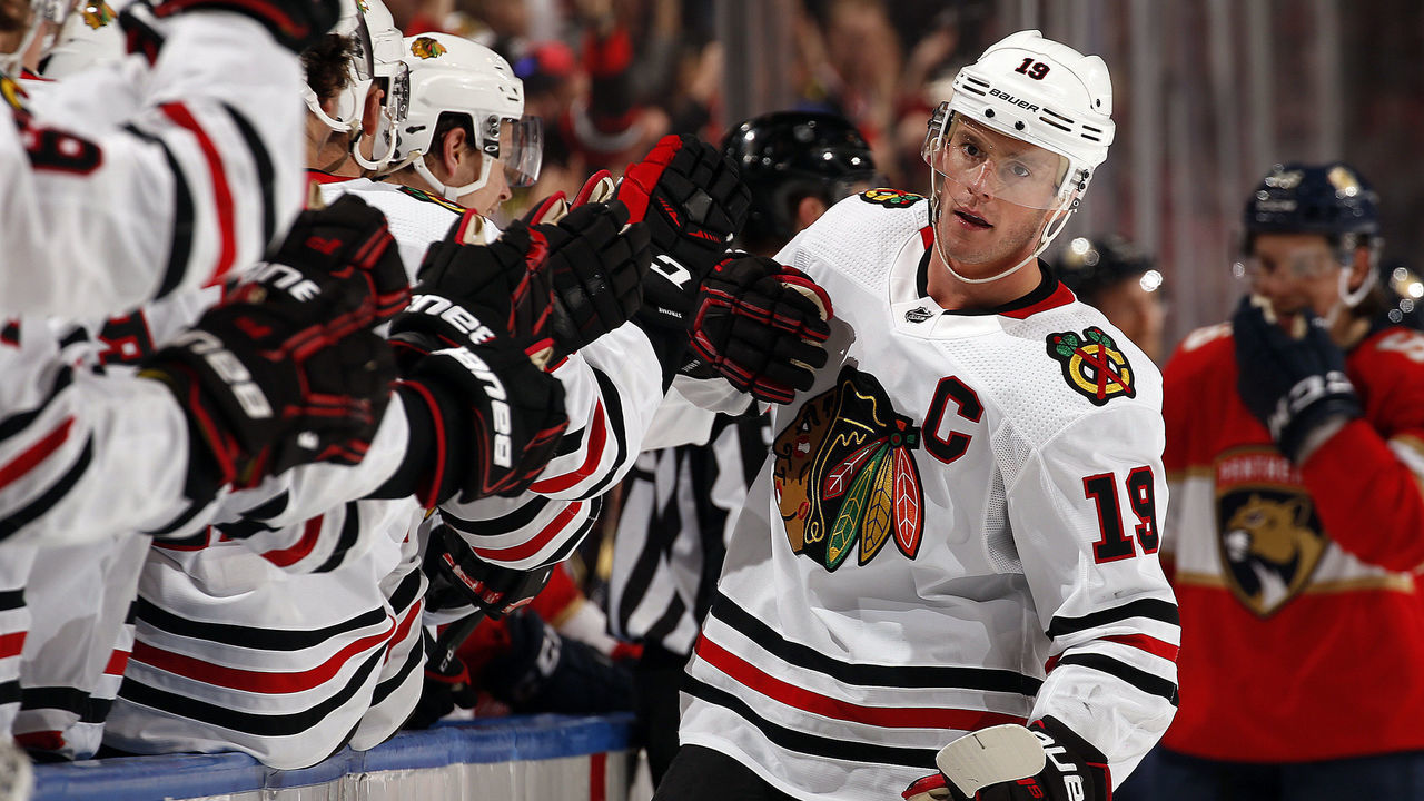 SUNRISE, FL - FEBRUARY 29: Jonathan Toews #19 of the Chicago Blackhawks celebrates his goal with teammates during the first period against the Florida Panthers at the BB&T Center on February 29, 2020 in Sunrise, Florida.