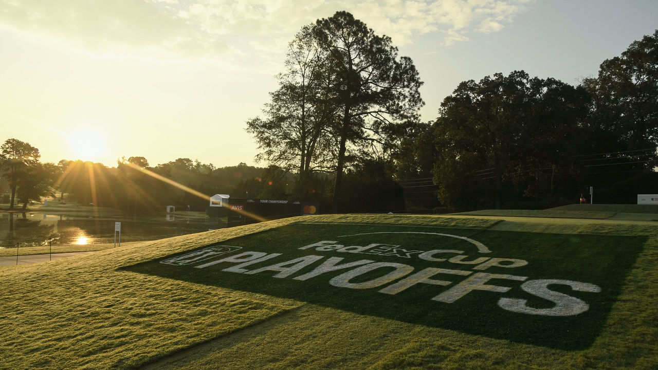 ATLANTA, GA - SEPTEMBER 22: The FedEx Cup Playoffs logo is seen during sunrise before the second round of the TOUR Championship, the final event of the FedExCup Playoffs, at East Lake Golf Club on September 22, 2017 in Atlanta, Georgia.