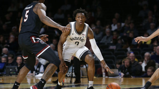 NASHVILLE, TN - MARCH 7: Vanderbilt Commodores guard Saben Lee (0) drives past South Carolina Gamecocks guard Jermaine Couisnard (5) during a game between the Vanderbilt Commodores and the South Carolina Gamecocks, March 7, 2020, at Memorial Gym in Nashville, Tennessee.