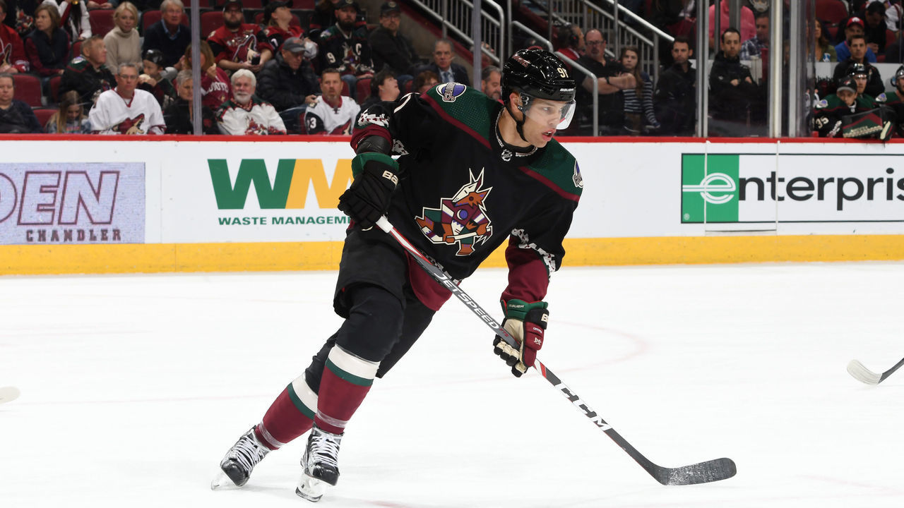 GLENDALE, ARIZONA - FEBRUARY 29: Taylor Hall #91 of the Arizona Coyotes skates up ice against the Buffalo Sabres at Gila River Arena on February 29, 2020 in Glendale, Arizona.