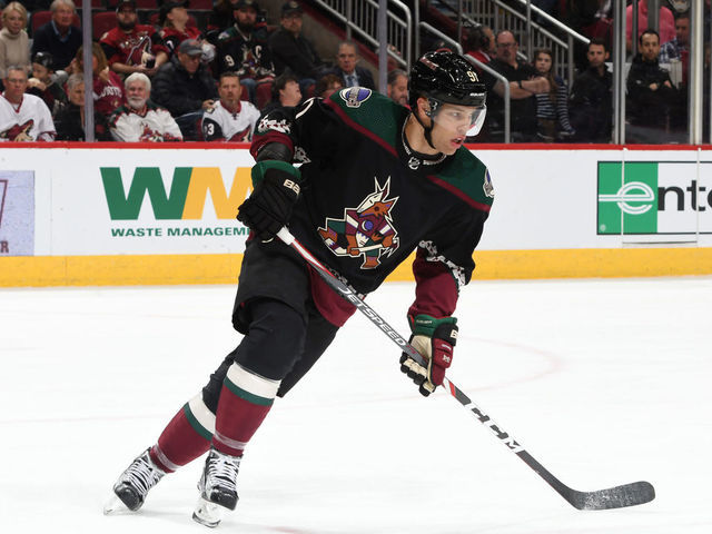 GLENDALE, ARIZONA - FEBRUARY 29: Taylor Hall #91 of the Arizona Coyotes skates up ice against the Buffalo Sabres at Gila River Arena on February 29, 2020 in Glendale, Arizona.
