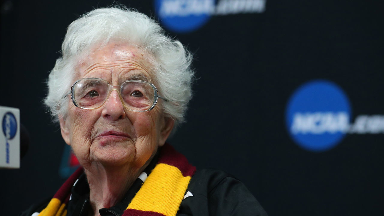 SAN ANTONIO, TX - MARCH 30: Loyola Ramblers team chaplain Sister Jean Dolores-Schmidt speaks to the media before the 2018 Men's NCAA Final Four at the Alamodome on March 30, 2018 in San Antonio, Texas.