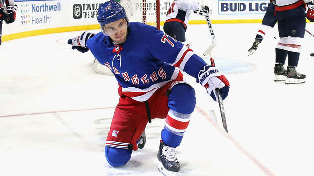 NEW YORK, NEW YORK - MARCH 05: Tony DeAngelo #77 of the New York Rangers celebrates his goal at 14:42 of the second period against the Washington Capitals at Madison Square Garden on March 05, 2020 in New York City.