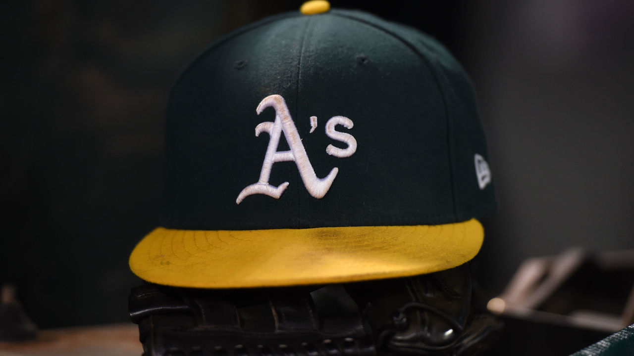 OAKLAND, CA - SEPTEMBER 17: A detailed view of an Oakland Athletics hat during the Major League Baseball game between the Kansas City Royals and the Oakland Athletics at RingCentral Coliseum on September 17, 2019 in Oakland, CA.