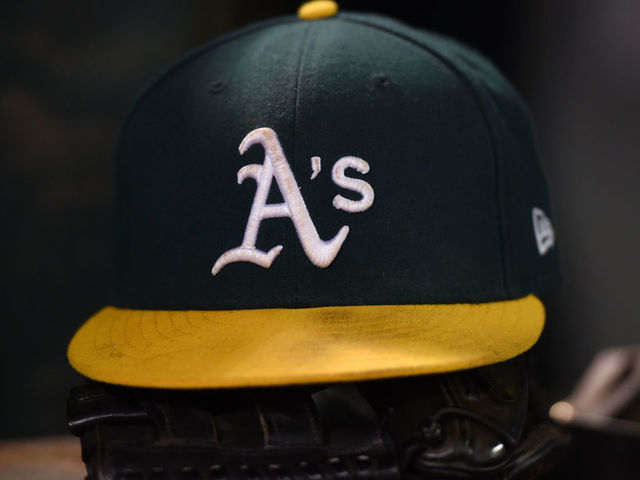 OAKLAND, CA - SEPTEMBER 17: A detailed view of an Oakland Athletics hat during the Major League Baseball game between the Kansas City Royals and the Oakland Athletics at RingCentral Coliseum on September 17, 2019 in Oakland, CA.