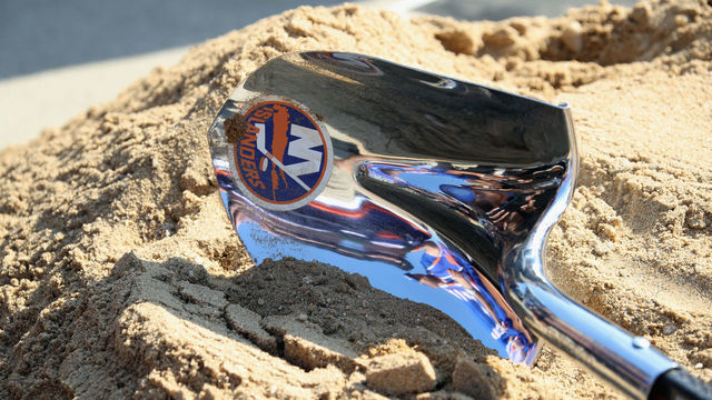 ELMONT, NEW YORK - SEPTEMBER 23: A ceremonial shovel used for the groundbreaking of the New York Islanders new hockey arena is shown at Belmont Park on September 23, 2019 in Elmont, New York. The $1.3 billion facility, which will seat 19,000 and include shops, restaurants and a hotel, is expected to be completed in time for the 2021-2022 hockey season.
