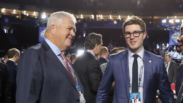 VANCOUVER, BRITISH COLUMBIA - JUNE 21: (L-R) Dale Tallon and Kyle Dubas attend the 2019 NHL Draft at the Rogers Arena on June 21, 2019 in Vancouver, Canada.