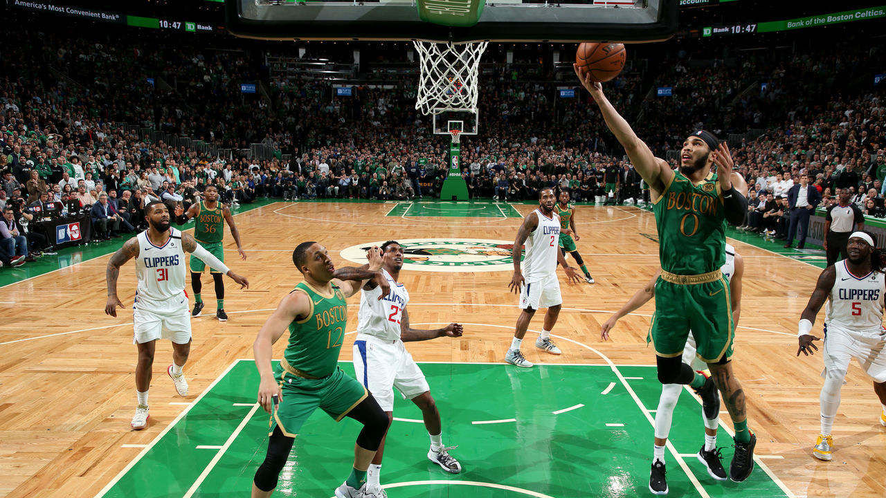 BOSTON, MA - FEBRUARY 13: Jayson Tatum #0 of the Boston Celtics drives to the basket during a game against the LA Clippers on February 13, 2020 at TD Garden in Boston, MA. Mandatory Copyright Notice: Copyright 2020 NBAE