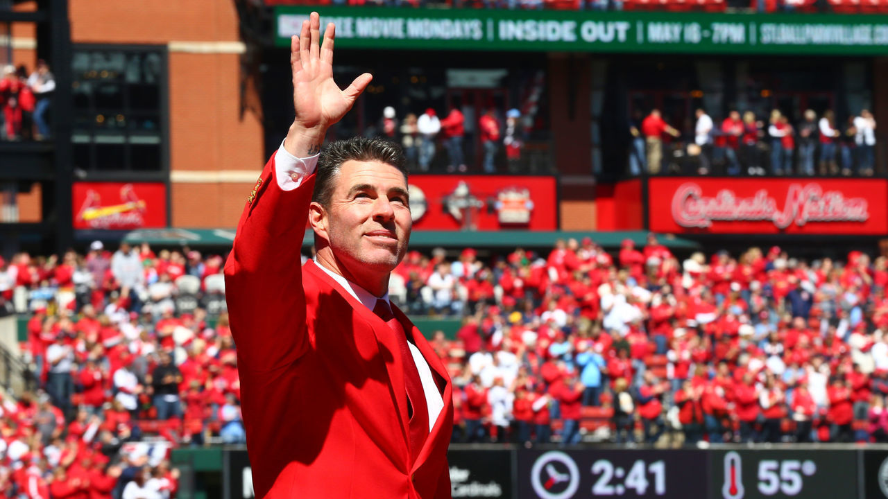 ST LOUIS, MO - APRIL 11: Former St. Louis Cardinal Jim Edmonds during the pre-game ceremonies prior to a game between the Milwaukee Brewers and St. Louis Cardinals at Busch Stadium on Monday, April 11, 2016 in St. Louis, Missouri.