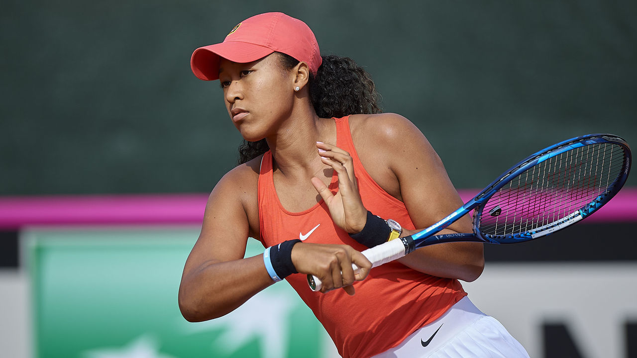 CARTAGENA, SPAIN - FEBRUARY 07: Naomi Osaka of Japan in action in her match against Sara Sorribes Tormo of Spain during the Fed Cup qualifiers first round match between Spain and Japan at Centro de Tenis La Manga Club on February 7, 2020 in Cartagena, Spain.