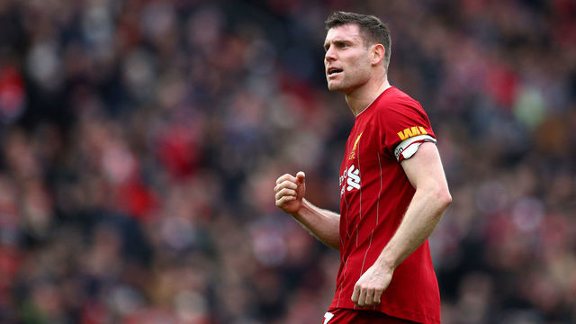 LIVERPOOL, ENGLAND - MARCH 07: James Milner of Liverpool celebrates following his sides victory in the Premier League match between Liverpool FC and AFC Bournemouth at Anfield on March 07, 2020 in Liverpool, United Kingdom.