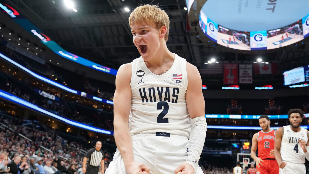 WASHINGTON, DC - JANUARY 08: Mac McClung #2 of the Georgetown Hoyas celebrates a basket in the first half during a college basketball game against the St. John's Red Storm at the Capital One Arena on January 8, 2020 in Washington, DC.
