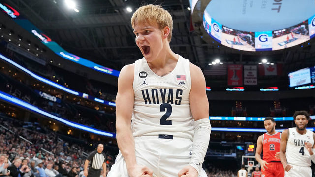 WASHINGTON, DC - JANUARY 08: Mac McClung #2 of the Georgetown Hoyas celebrates a basket in the first half during a college basketball game against the St. John's Red Storm at the Capital One Arena on January 8, 2020 in Washington, DC.