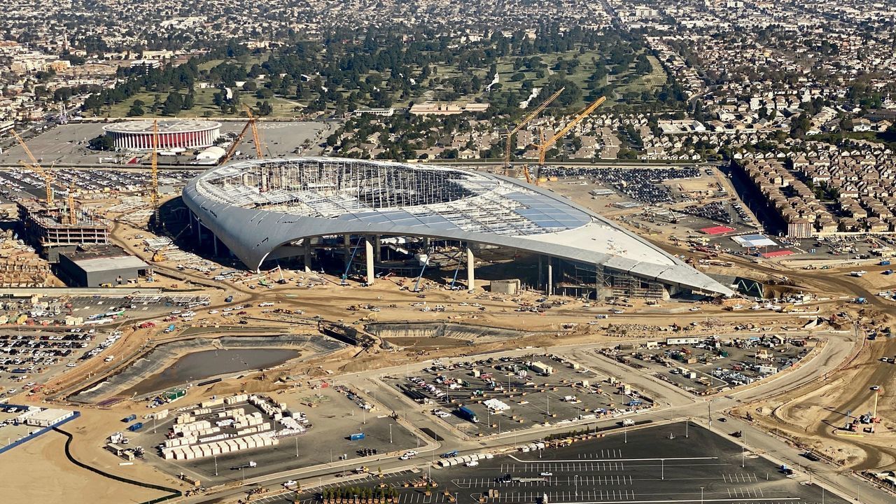 Aerial view of the SoFi Stadium, still under construction, future home of the Rams and Chargers in Inglewood, California on February 6, 2020.