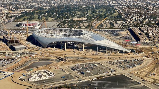 Aerial view of the SoFi Stadium, still under construction, future home of the Rams and Chargers in Inglewood, California on February 6, 2020.