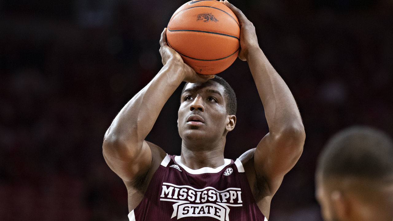 FAYETTEVILLE, AR - FEBRUARY 15: Reggie Perry #1 of the Mississippi State Bulldogs shoots a free throw during a game against the Arkansas Razorbacks at Bud Walton Arena on February 15, 2020 in Fayetteville, Arkansas. The Bulldogs defeated the Razorbacks 78-77.