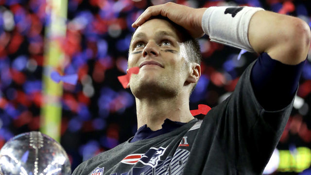 HOUSTON, TX - FEBRUARY 05: Tom Brady #12 of the New England Patriots celebrates after the Patriots celebrates after the Patriots defeat the Atlanta Falcons 34-28 during Super Bowl 51 at NRG Stadium on February 5, 2017 in Houston, Texas.
