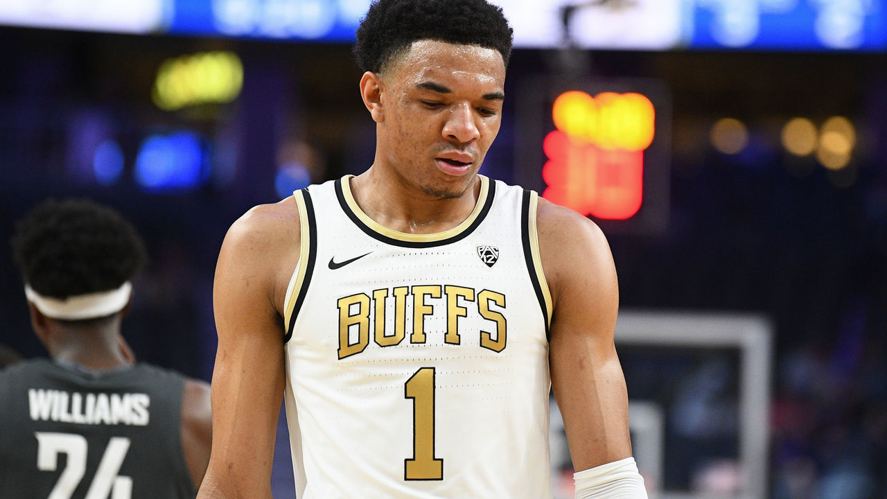LAS VEGAS, NV - MARCH 11: Colorado Buffaloes guard Tyler Bey (1) looks on during the first round game of the men's Pac-12 Tournament between the Colorado Buffaloes and the Washington State Cougars on March 11, 2020, at the T-Mobile Arena in Las Vegas, NV.